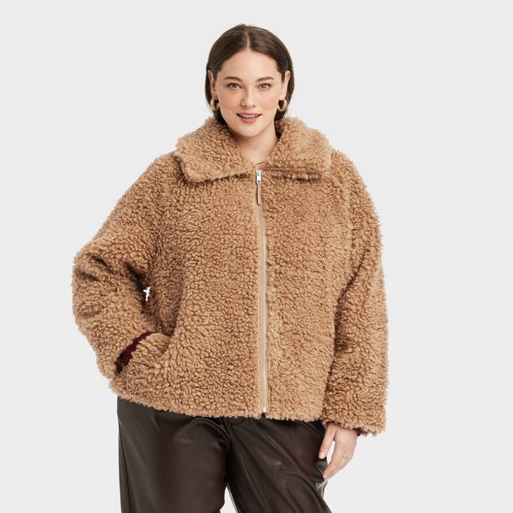 Women's Plus Size Faux Fur Bomber Jacket - A New Day Brown
