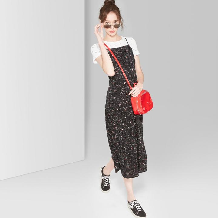 Women's Cherry Print Strappy Square Neck Midi Slip Dress - Wild Fable Black