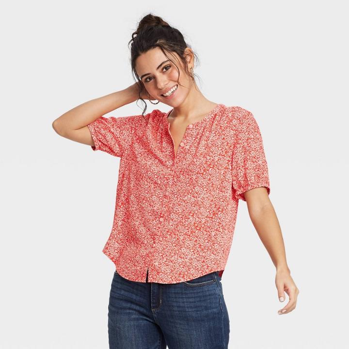 Women's Floral Print Short Sleeve Button-front Blouse - Universal Thread Red