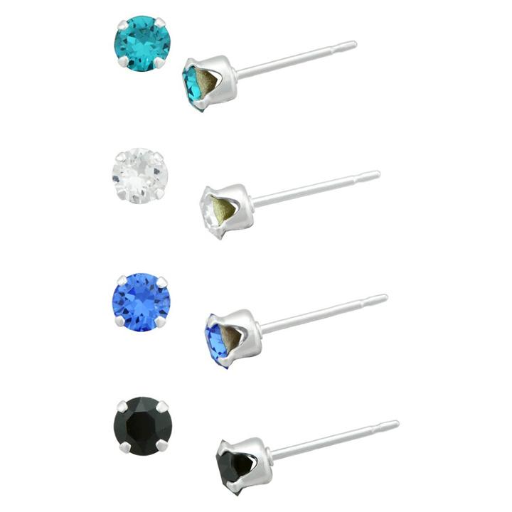 Target Girls' Sterling Silver 4 Pr Crystal Stud Earring Set-blue/sapphire/clear/black-4mm, Silver/blue/black