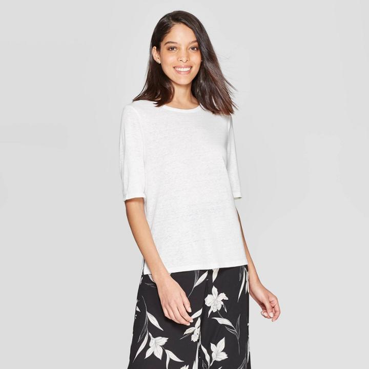 Women's Elbow Sleeve Linen Crewneck Basic T-shirt - A New Day White