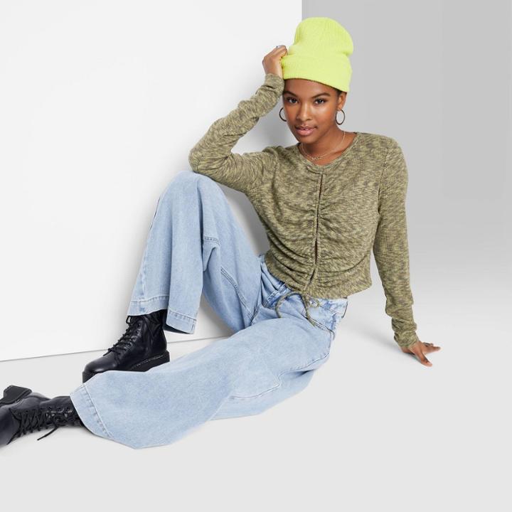 Women's Long Sleeve Lace-up Cozy Knit Blouse - Wild Fable Green