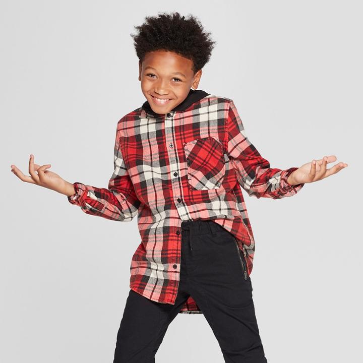 Boys' Long Sleeve Hooded Plaid Button-down Shirt - Art Class Orange