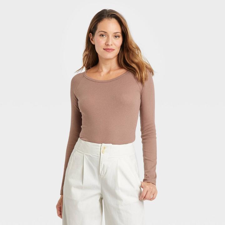 Women's Long Sleeve Ribbed Bodysuit - A New Day Beige