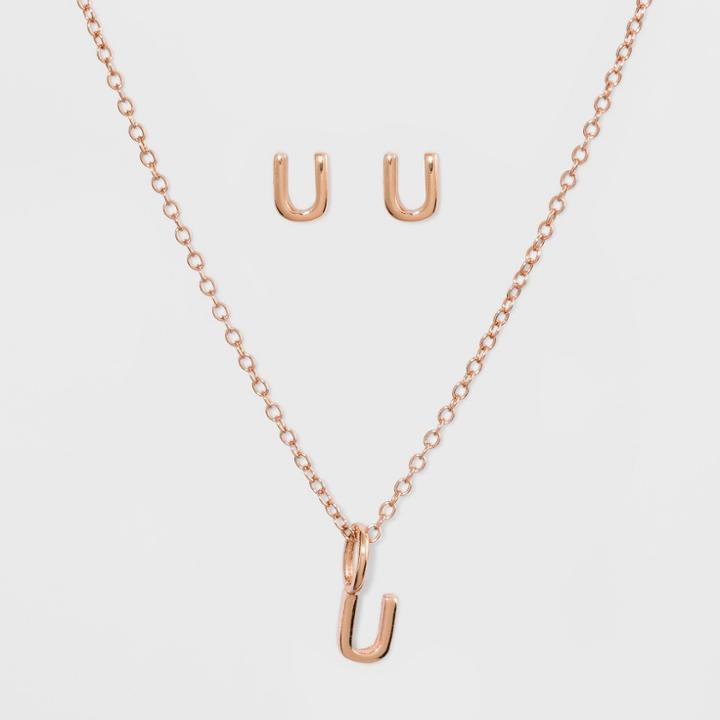 Sterling Silver Initial U Earrings And Necklace Set - A New Day Rose Gold, Girl's, Rose Gold - U