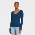 Women's Long Sleeve Henley Neck Pointelle Shirt - Universal Thread Blue