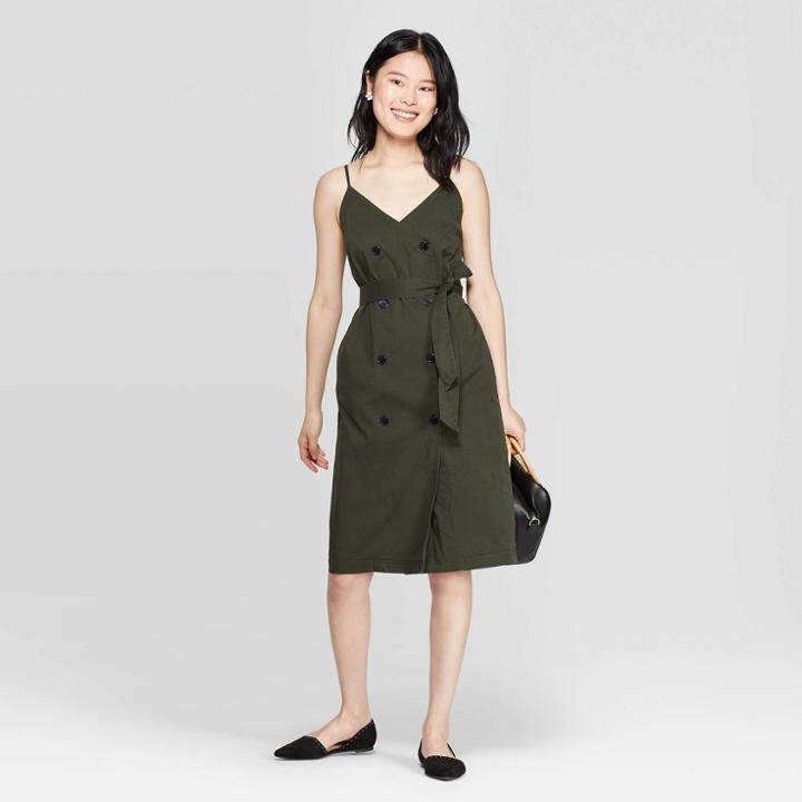 Women's Sleeveless V-neck Front Button-down Dress - A New Day Green