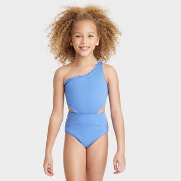 Girls' Solid Summer Scallop Swimsuit - Art Class Blue