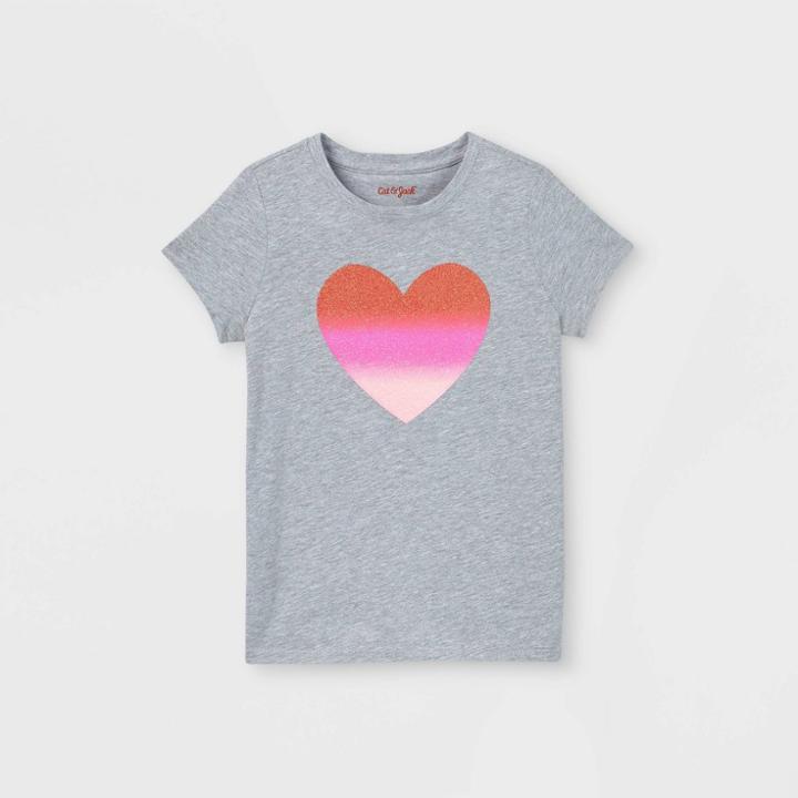 Girls' Glitter Ombre Heart Graphic Short Sleeve T-shirt - Cat & Jack Gray
