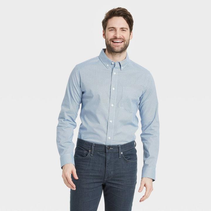 Men's Arrow Print Slim Fit Stretch Poplin Long Sleeve Button-down Collared Shirt - Goodfellow & Co
