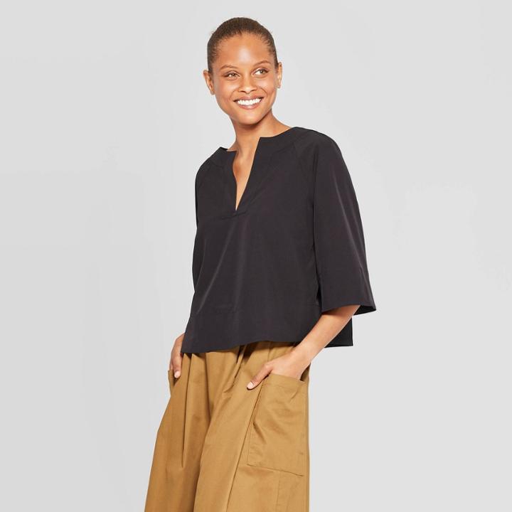 Women's 3/4 Sleeve V-neck Blouse - Prologue Black