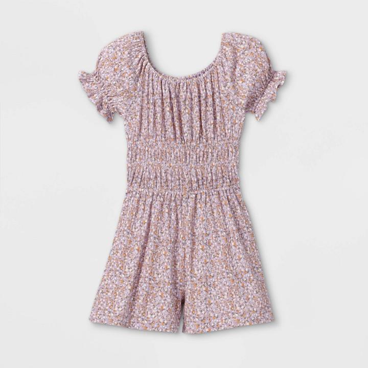 Girls' Smocked Waist Short Sleeve Romper - Art Class Violet