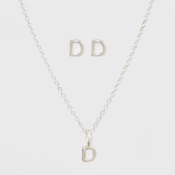 Sterling Silver Initial D Earrings And Necklace Set - A New Day Silver, Girl's,