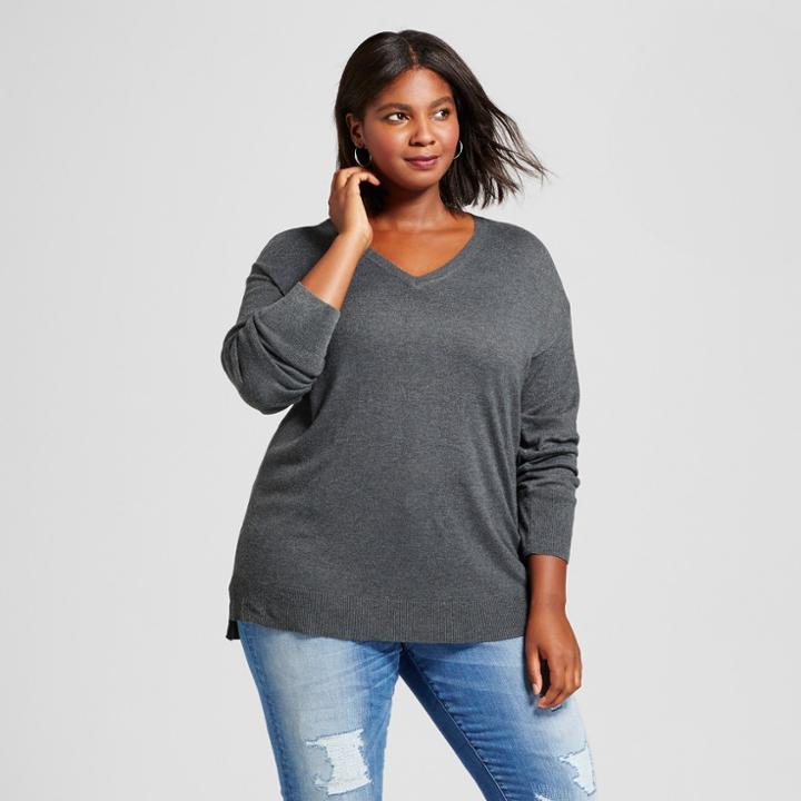 Women's Plus Size V-neck Pullover - A New Day Charcoal (grey) X