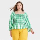 Women's Plus Size Gingham Print Puff 3/4 Sleeve Smocked Peplum Top - Who What Wear Green