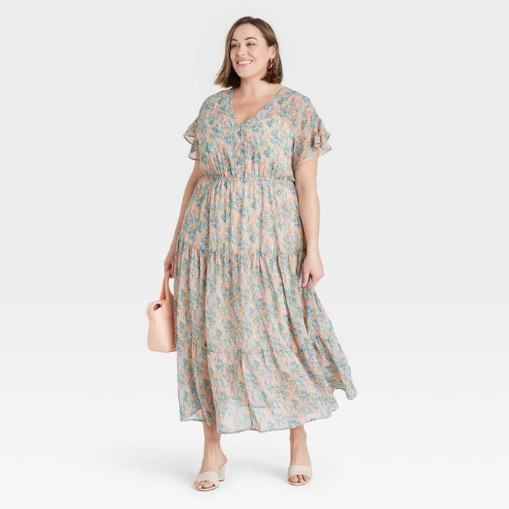 Women's Plus Size Printed Flutter Short Sleeve Chiffon Dress - Ava & Viv 1x,