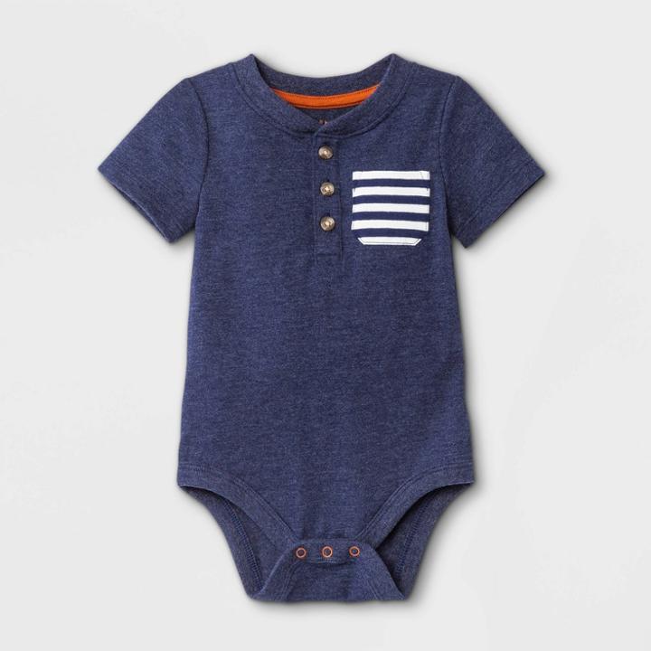 Baby Boys' Henley Striped Short Sleeve Bodysuit With Pocket - Cat & Jack Navy Newborn, Blue