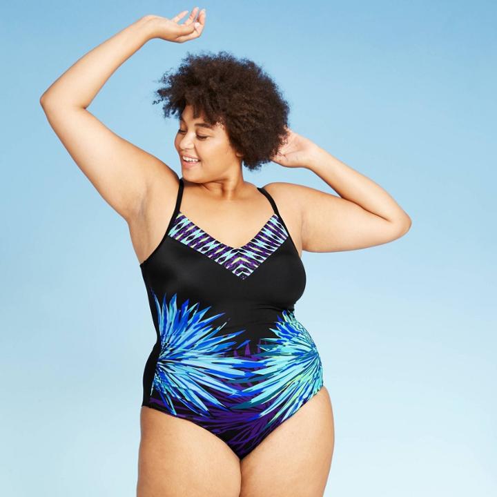 Women's Plus Size V-neck One Piece Swimsuit - Aqua Green Black