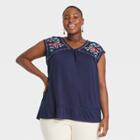 Women's Plus Size Sleeveless Embroidered Knit V-neck Top - Knox Rose Navy