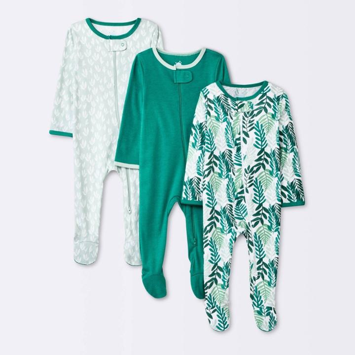 Baby 3pk Foliage Zip-up Sleep N' Play - Cloud Island Forest Green Newborn
