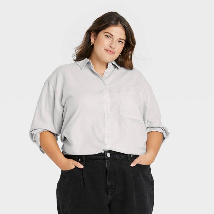 Women's Plus Size Long Sleeve Button-down Boyfriend Shirt - A New Day Gray
