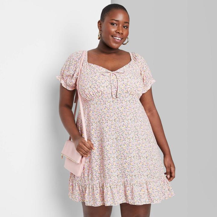 Women's Plus Size Short Sleeve Sweetheart Ruffle With Tie-back Dress - Wild Fable White Floral