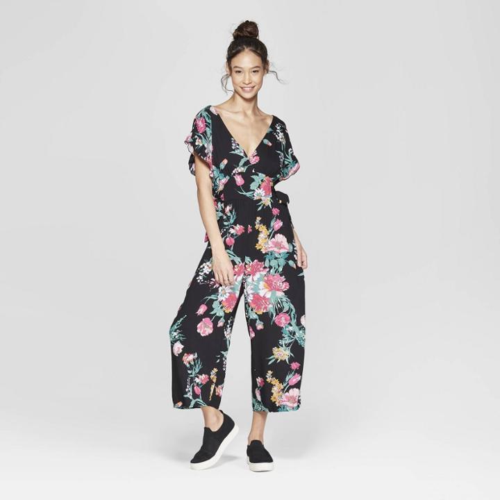 Women's Floral Print Short Sleeve V-neck Cropped Jumpsuit With Side Ties - Xhilaration Black