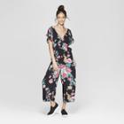 Women's Floral Print Short Sleeve V-neck Cropped Jumpsuit With Side Ties - Xhilaration Black