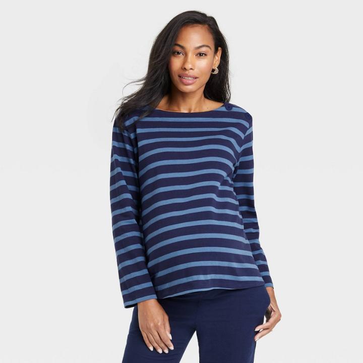 The Nines By Hatch Long Sleeve Jersey Maternity Blouse Navy Striped Xs, Blue