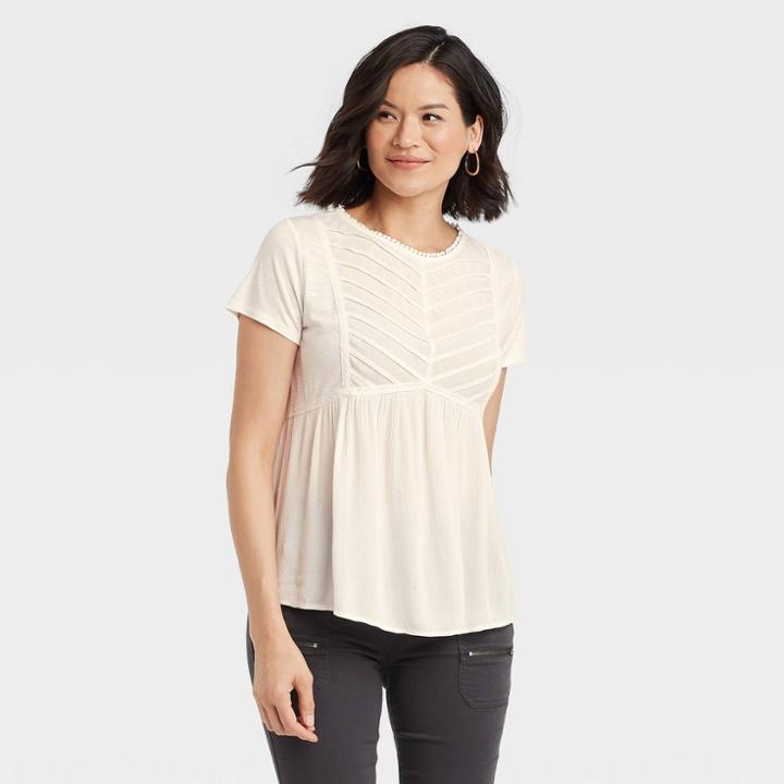 Women's Short Sleeve Pleat Detail Knit Top - Knox Rose White