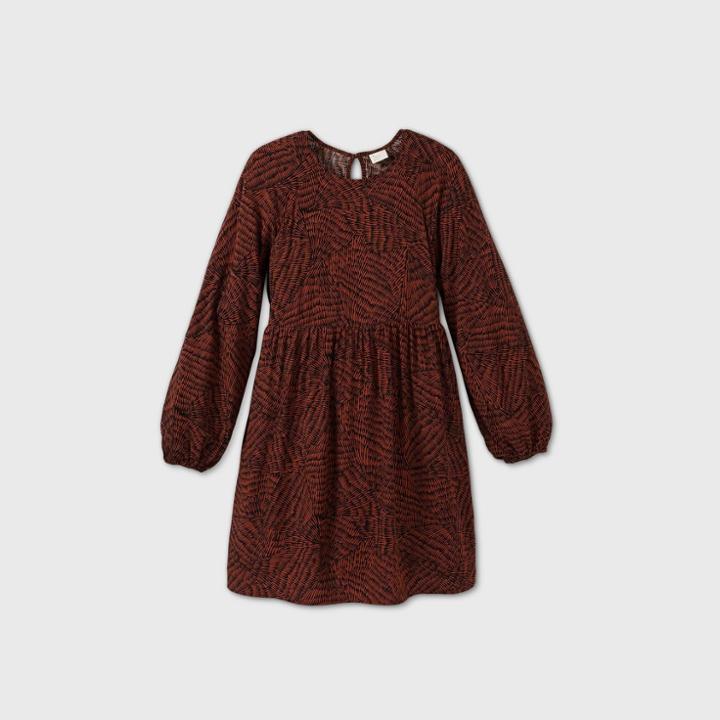 Women's Printed Long Sleeve Dress - A New Day Brown