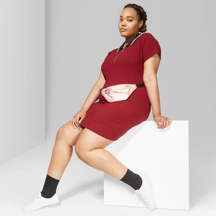 Women's Plus Size Short Sleeve Quarter-zip Collared Rib Knit Dress - Wild Fable Burgundy