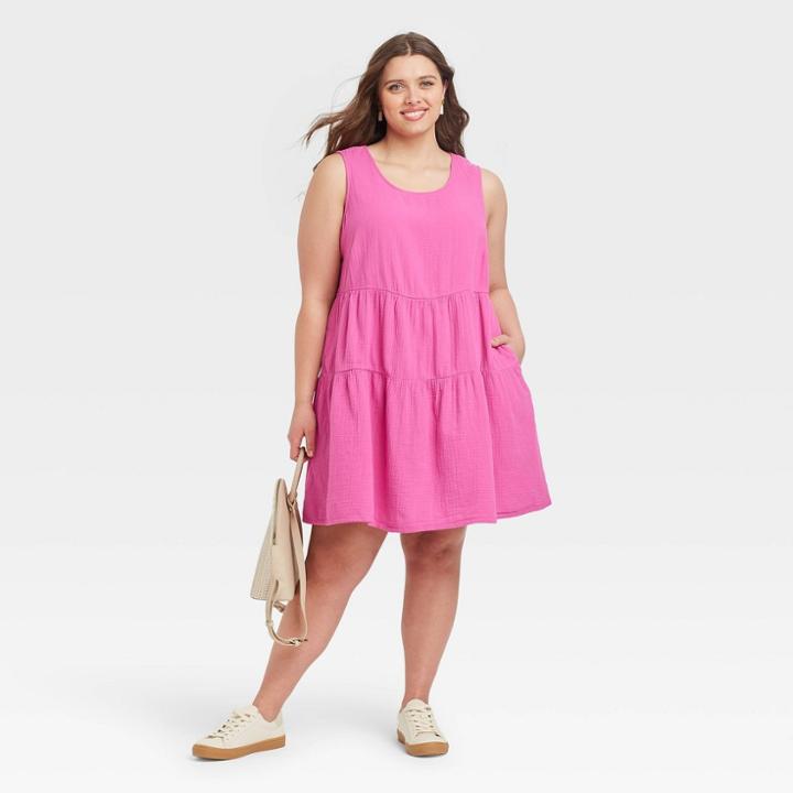 Women's Plus Size Gauze Tiered Tank Dress - Universal Thread Fuchsia