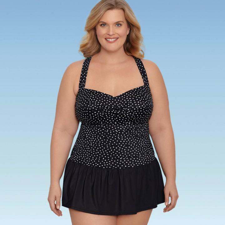 Women's Plus Size Slimming Control Ruched Front One Piece Swimsuit - Dreamsuit By Miracle Brands Black Polka Dot