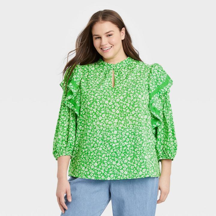 Women's Plus Size Ruffle 3/4 Sleeve Lace Trim Blouse - Who What Wear Green Floral