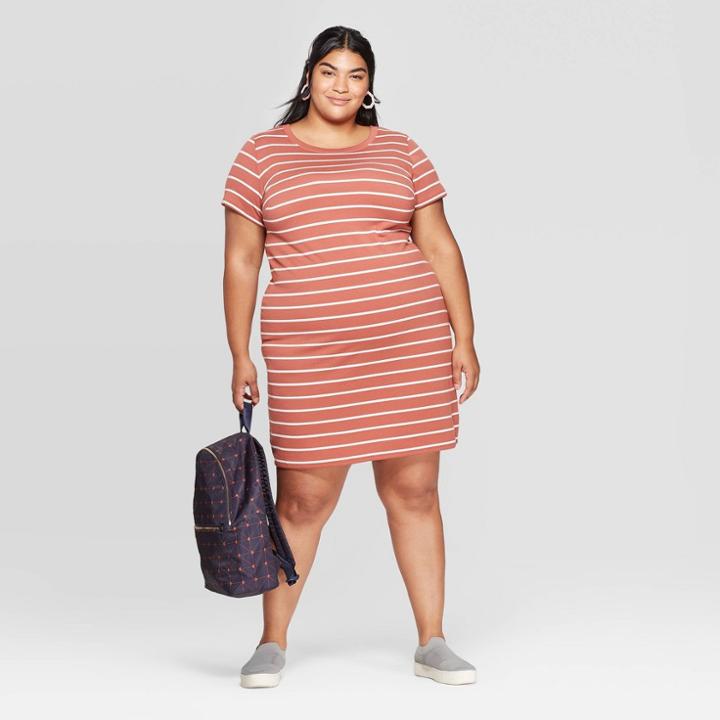 Women's Plus Size Striped Short Sleeve Crewneck T-shirt Dress - Ava & Viv Brown X, Women's