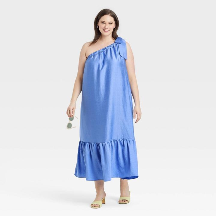 Women's Plus Size One Shoulder Sleeveless Tiered Dress - A New Day Blue