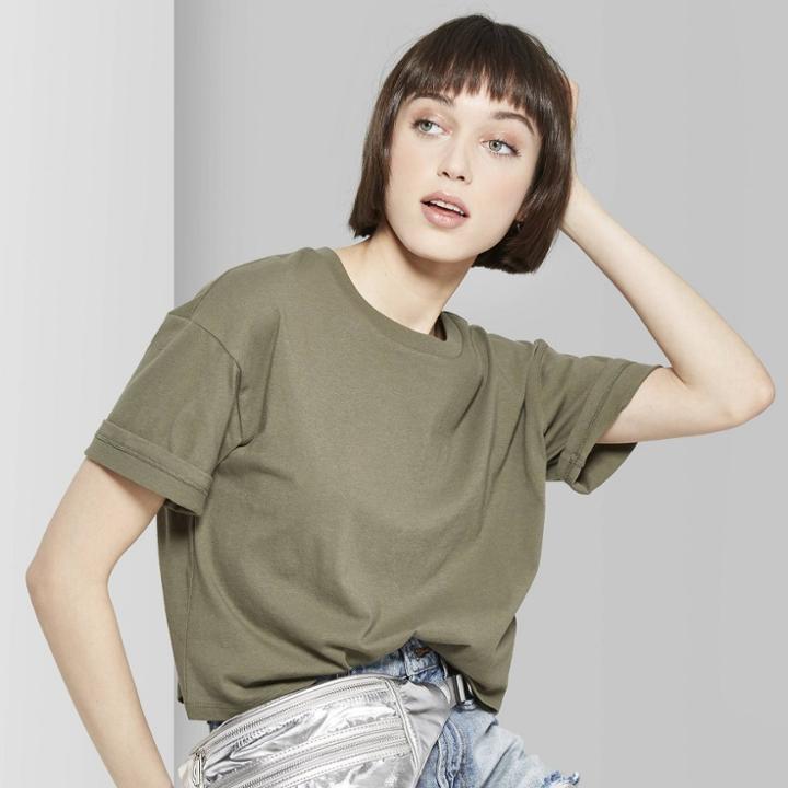 Women's Oversized Short Sleeve Crewneck Boxy T-shirt - Wild Fable Olive (green)