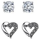 Target Silver Plated Marcasite And Cubic Zirconia Heart Stud Duo Earring - 9.5mm, Women's, Silver/metallic