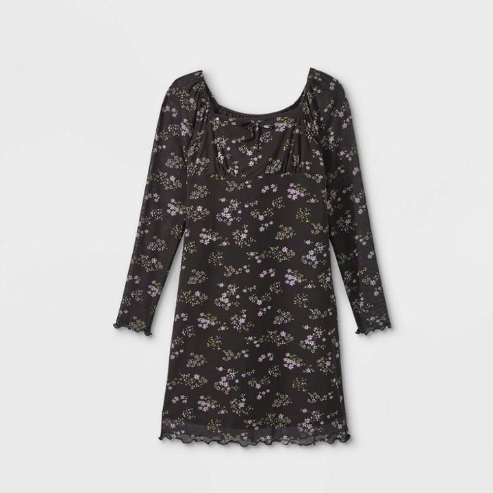 Girls' Lettuce Edge Mesh Long Sleeve Dress - Art Class Black/purple