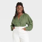 Women's Plus Size Long Sleeve Relaxed Fit Everyday Blouse - Universal Thread Green