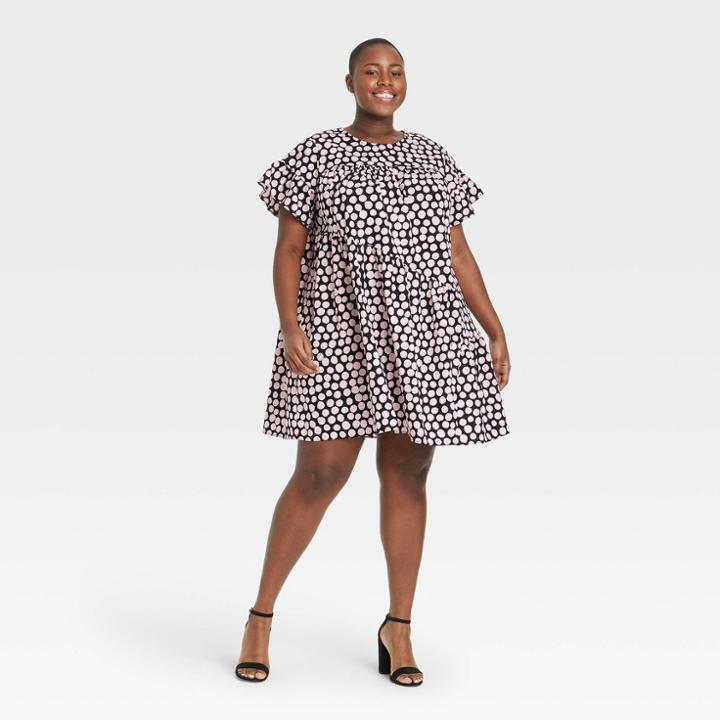 Women's Plus Size Ruffle Short Sleeve Dress - Who What Wear Black Polka Dot
