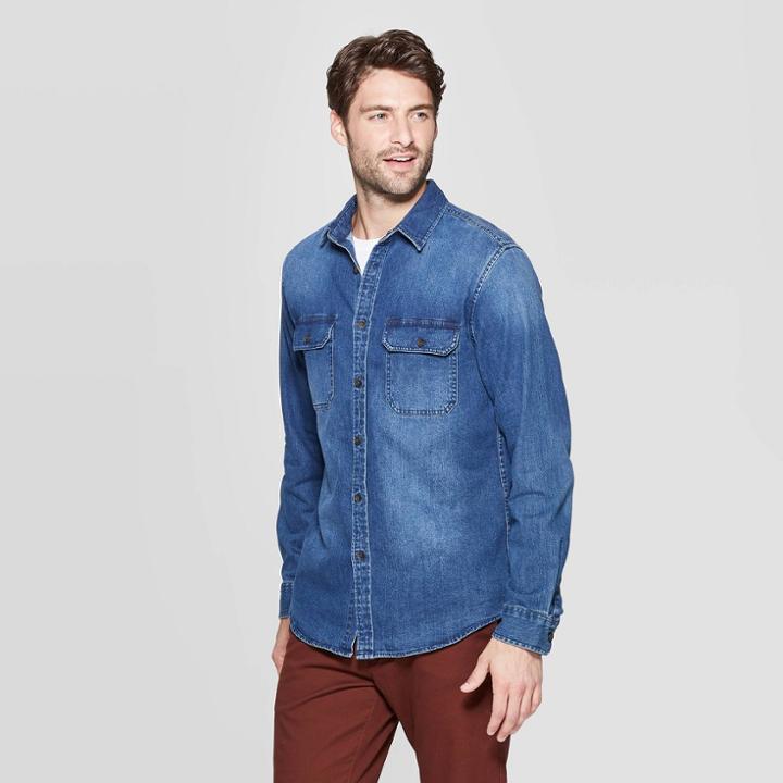 Men's Standard Fit Long Sleeve Denim Button-down Shirt - Goodfellow & Co Dark Wash L, Men's, Size: Large, Dark Blue