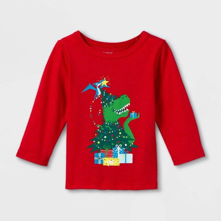 Toddler Boys' Adaptive Christmas Dinosaur Long Sleeve Graphic T-shirt - Cat & Jack Red