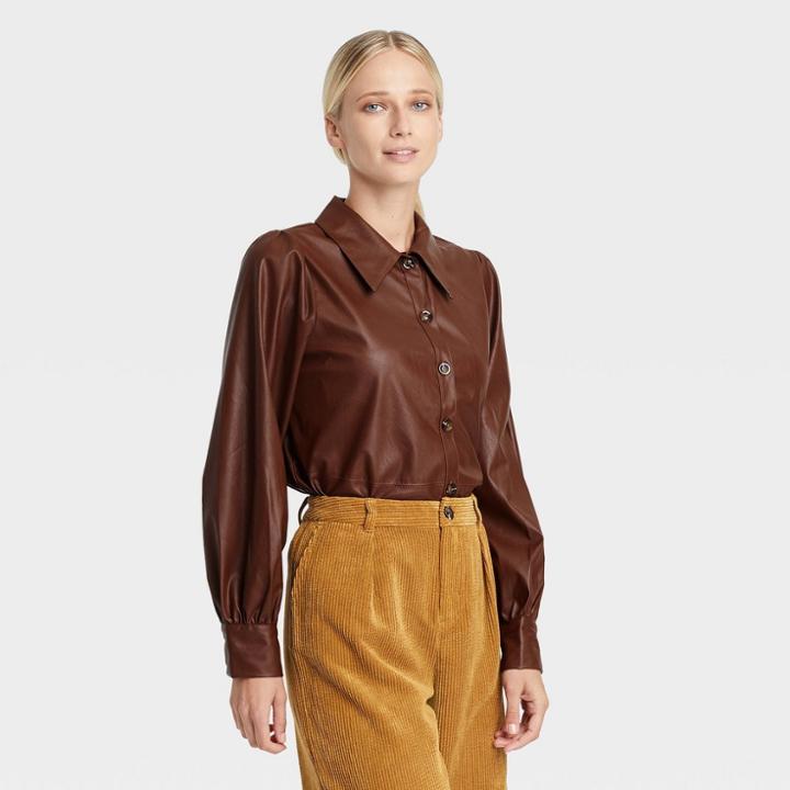Women's Bishop Long Sleeve Button-down Shirt - Who What Wear Brown