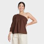 Women's Puff Long Sleeve One Shoulder Top - A New Day Brown