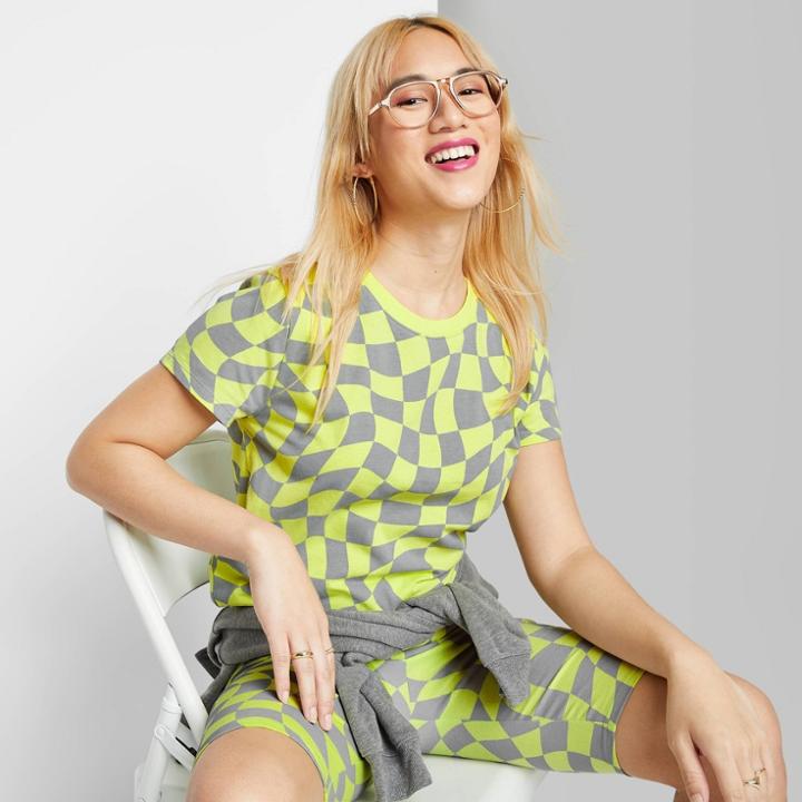 Women's Short Sleeve Shrunken Boxy T-shirt - Wild Fable Lime Green Checks