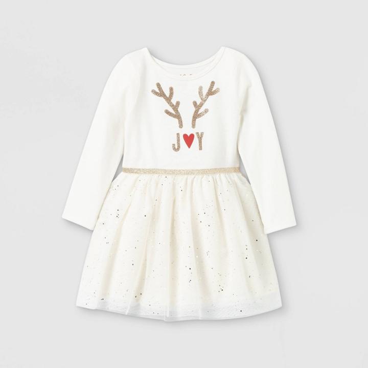 Toddler Girls' Glitter Deer Long Sleeve Tutu Dress - Cat & Jack Cream