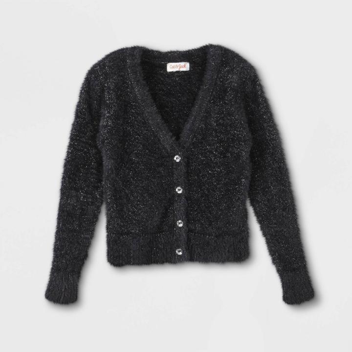 Toddler Girls' V-neck Fuzzy Sparkle Cardigan - Cat & Jack Black
