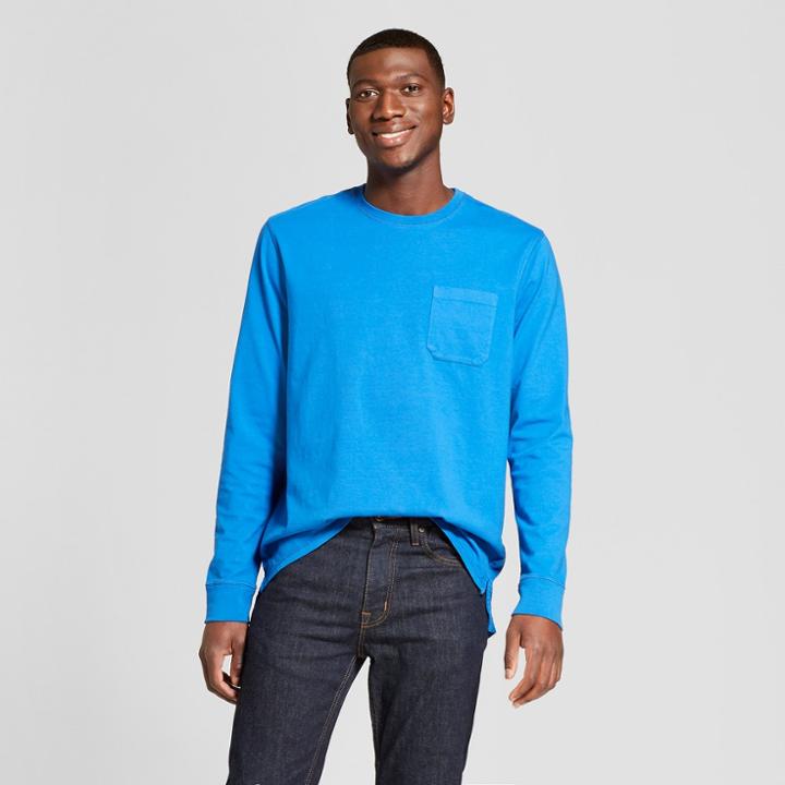 Men's Standard Fit Long Sleeve Front Pocket T-shirt - Goodfellow & Co Parrish Blue